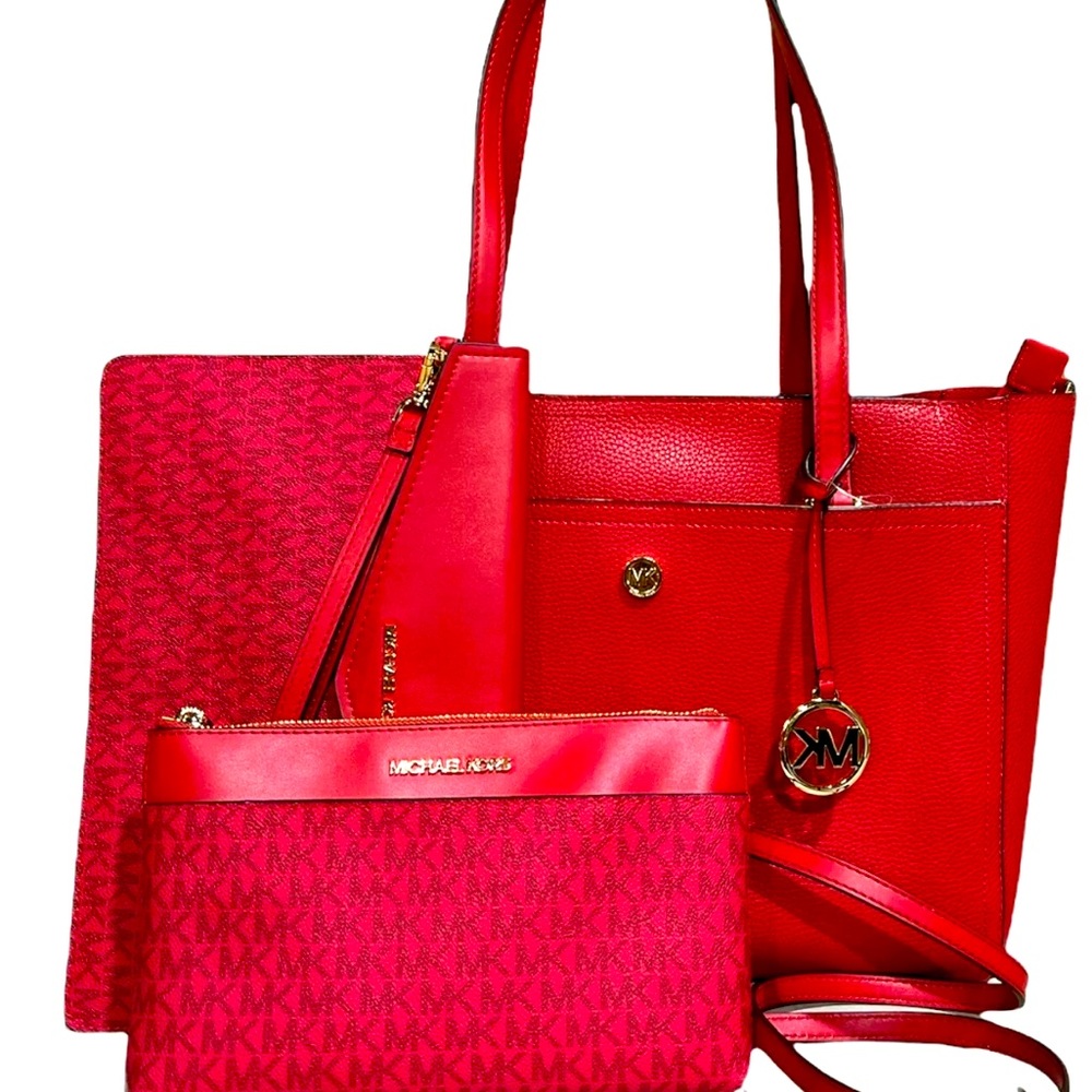 Michael Kors Maisie 3 in 1 Tote Large Leather Bag Flame Red - Picture 2 of 13